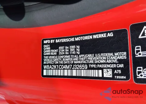 2021 BMW 230I xDrive z USA, uszkodzony, nr VIN WBA2K1C04M7J32659